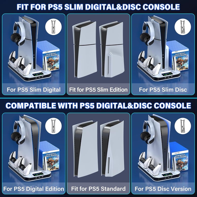 RJAD PS5 / PS5 Slim Cooling Station with Controller Charging Station for Playstation 5 Console Disc/Digital, Cooling Stand for Playstation 5 Slim with Cooler Fan Accessories with 3 USB Hubs/Headset Holder - Image 2